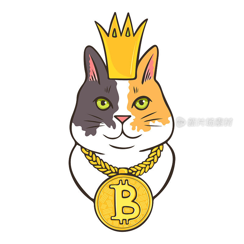 Calico cat as a crypto coins king in golden crown and with huge chain with Bitcoin on it, hand drawn funny design for crypto lovers